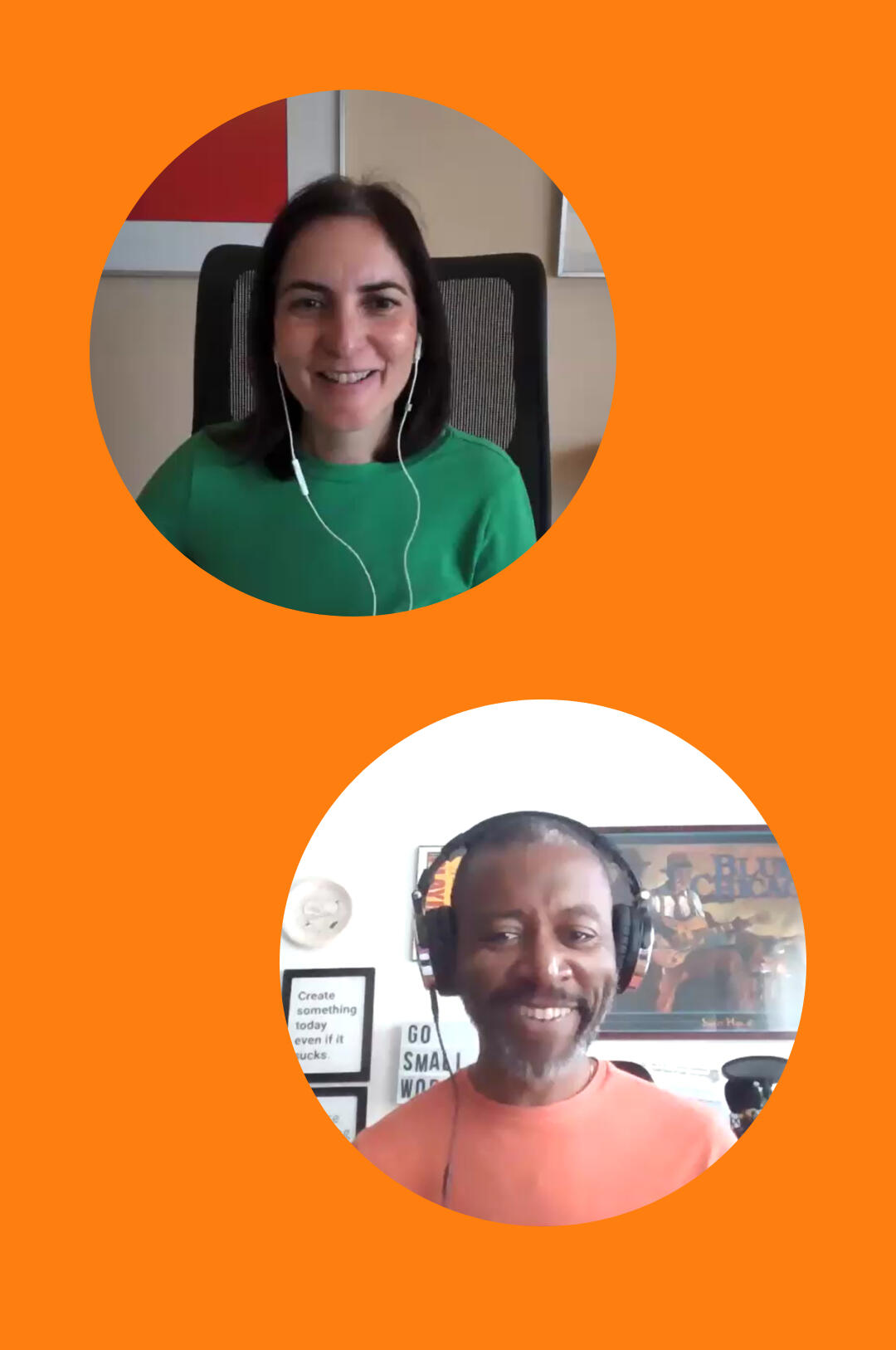 an image of Preeti in a circular frame above an image of Rob in a circular frame with both smiling into the camera on an orange background